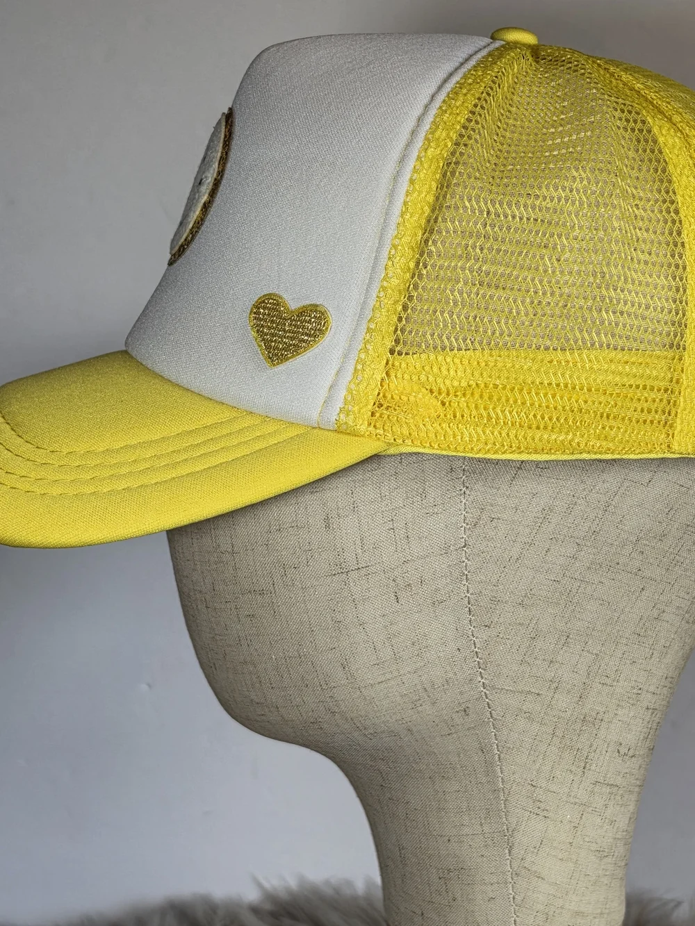 90s Inspired Woman's Yellow & White Trucker Hat With Gold Glitter Accent